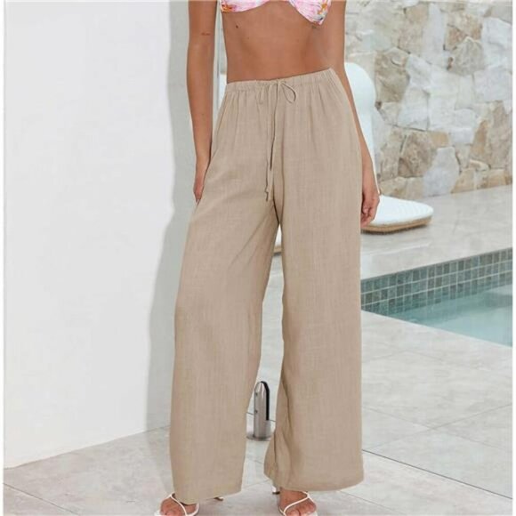 Womens Cotton Linen Palazzo Pants Wide Leg Drawstring Elastic Waist Pants - Picture 2 of 7